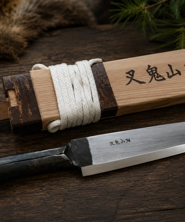 A hand-forged Japanese Matagi Nagasa hunting knife with its wooden scabbard on a dark wood surface.