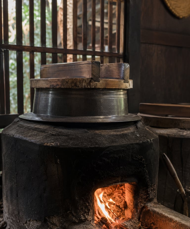 Traditional Japanese wood-fired clay stove cooking rice in a metal pot with a wooden lid.
