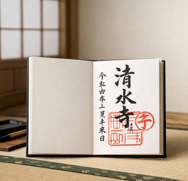 Open Japanese Goshuincho book showing a red seal and black calligraphy for Kiyomizu-dera temple.