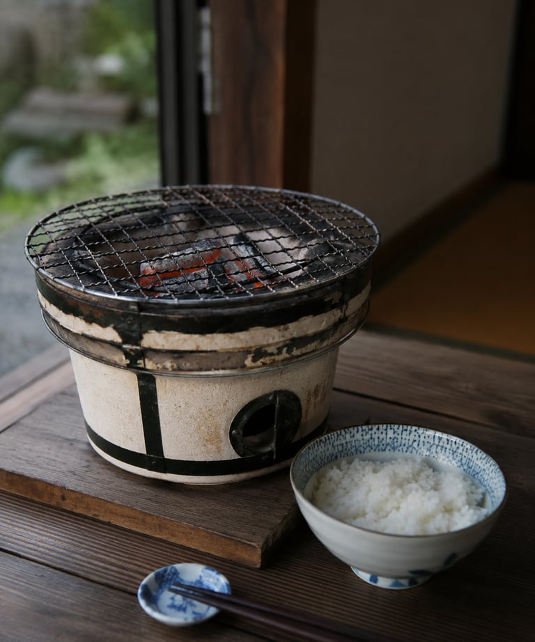 Traditional Japanese shichirin charcoal grill with a bowl of white rice on a wooden table.
