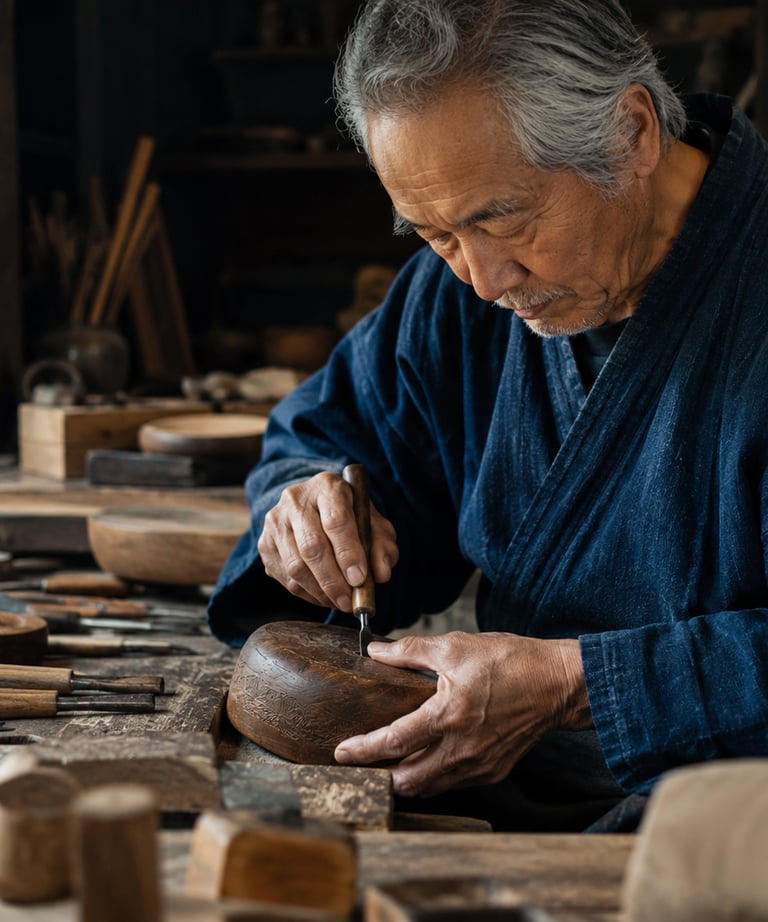An elderly Japanese artisan in a traditional blue kimono meticulously carving a wooden bowl in his workshop.