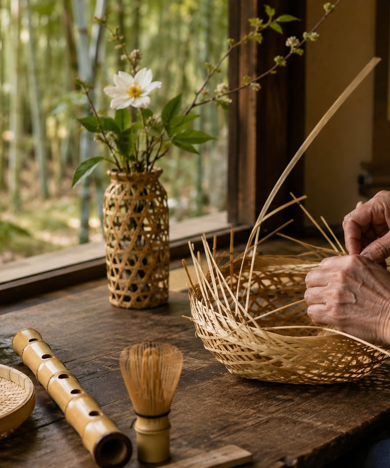 Japanese craftsman weaving a traditional bamboo basket near a window with a view of a bamboo forest.