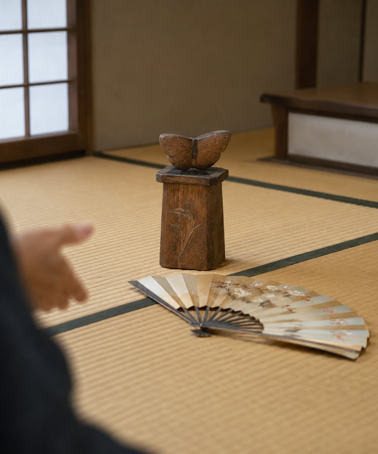 A wooden butterfly sculpture and folding fan on a traditional Japanese tatami floor.