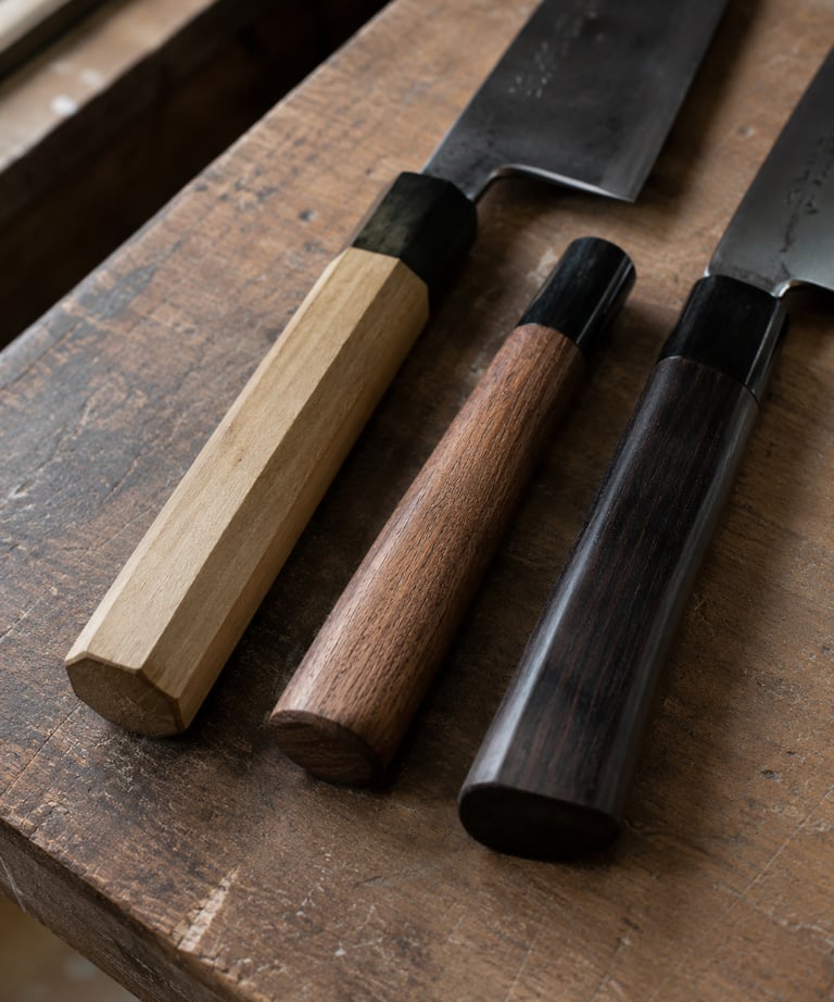 Professional Japanese chef knives with handcrafted wooden handles on a rustic timber surface.