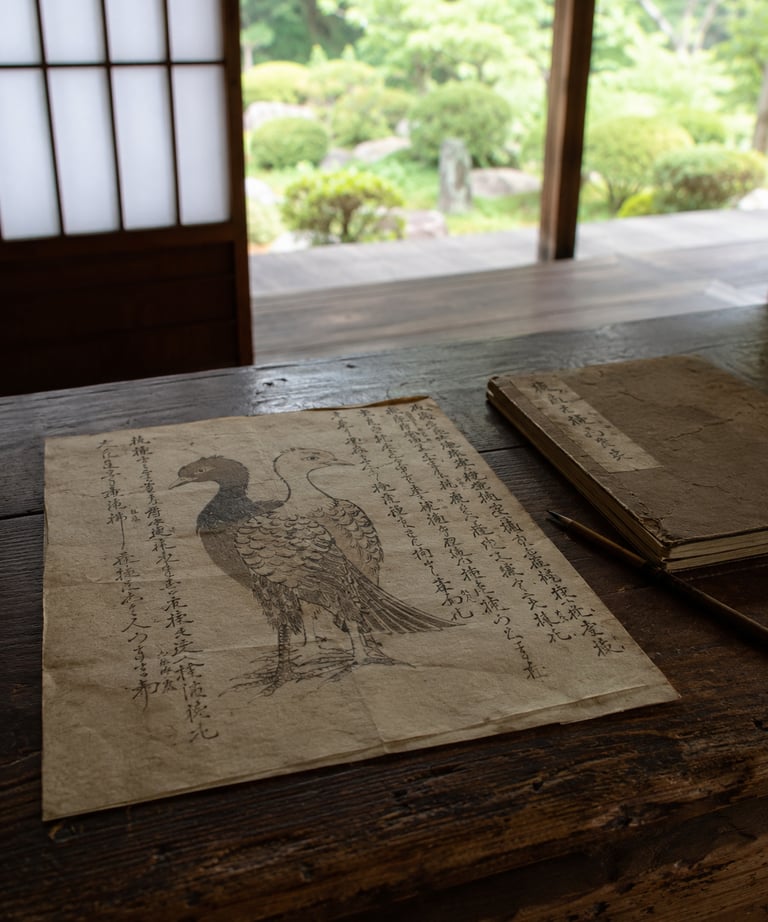 Vintage Japanese ink drawing of a bird on parchment paper inside a traditional temple room.