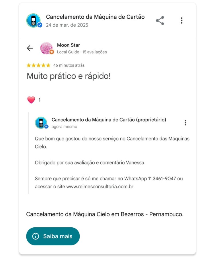Cancelamento da Maquina Cielo em Bezerros Pernambuco