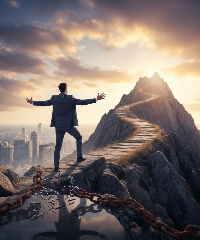 A business professional who has broken free of their limiting beliefs to climb higher.