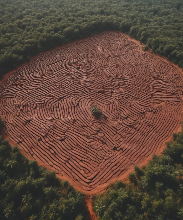 An aerial view of a lush green landscape featuring dense clusters of palm trees surrounding a structured garden area with various sections of cultivated soil. There are greenhouses and scattered buildings among the trees, indicating an organized agricultural or permaculture operation.