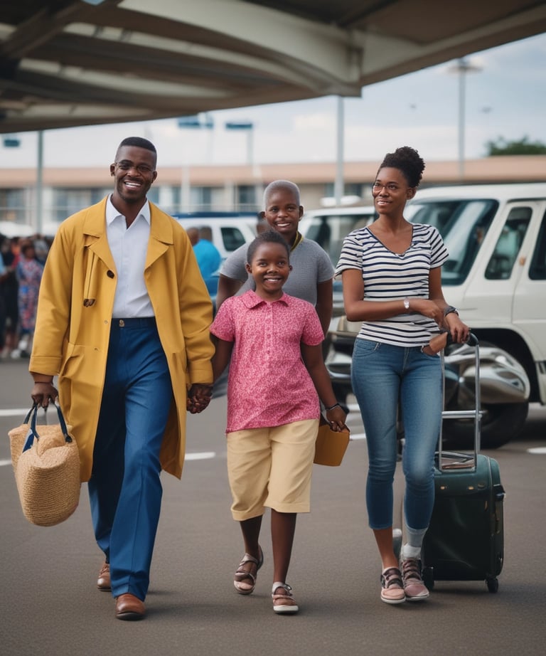 A colorful tour van with multiple inflated boats secured on the roof travels on a rural road. Lush green vegetation and banana plants line the side of the road. A tanker truck is parked in front of a brick structure near the road.
