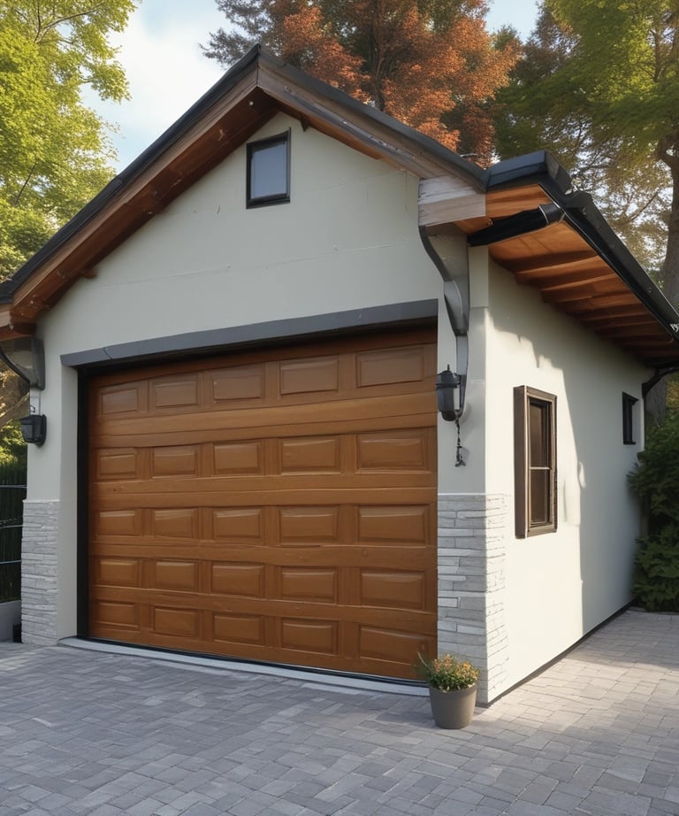A wooden double door with a natural finish set within an arched stone doorway. The door has multiple panels and small glass windows, surrounded by a wall of red and beige bricks. An access control keypad is mounted on the right, above which is a rectangular light fixture.