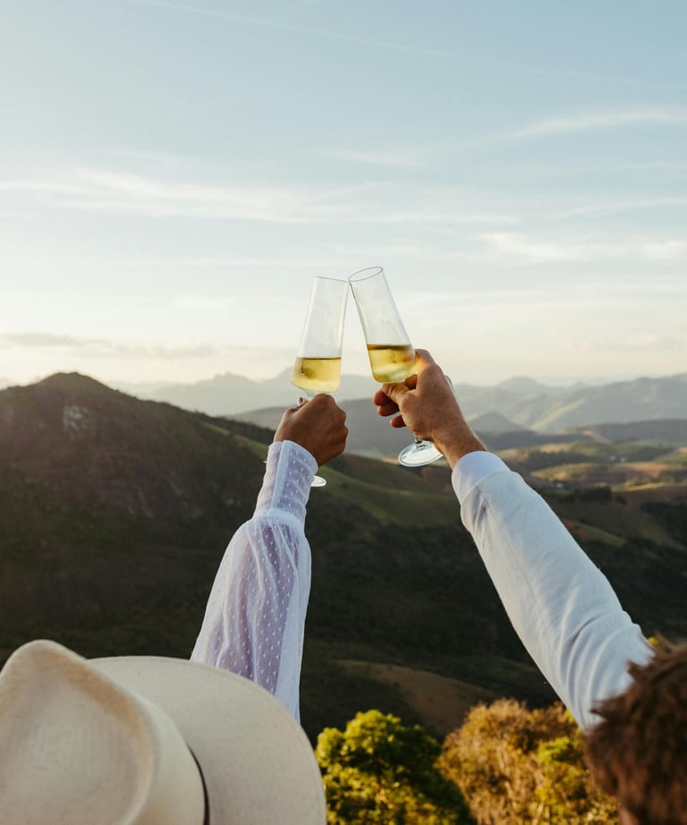 Travelers celebrating with champagne toast on a mountain