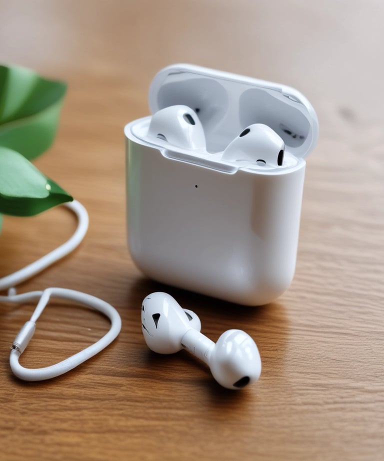 Two white wireless earbuds are placed on a dark, textured surface. They are positioned next to each other, showcasing their ergonomic design.