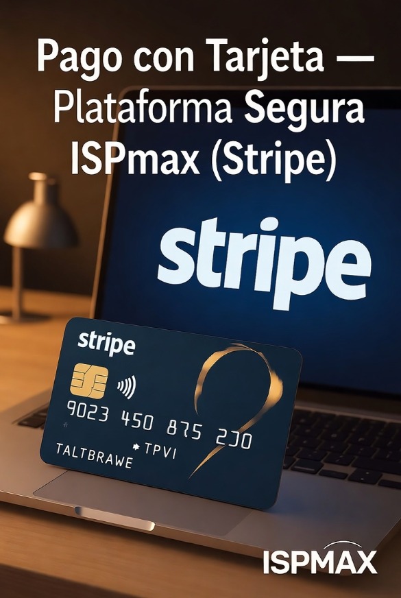Pago con tarjeta a través de Stripe en ordenador portátil, con logotipo de ISPmax. Imagen profesion