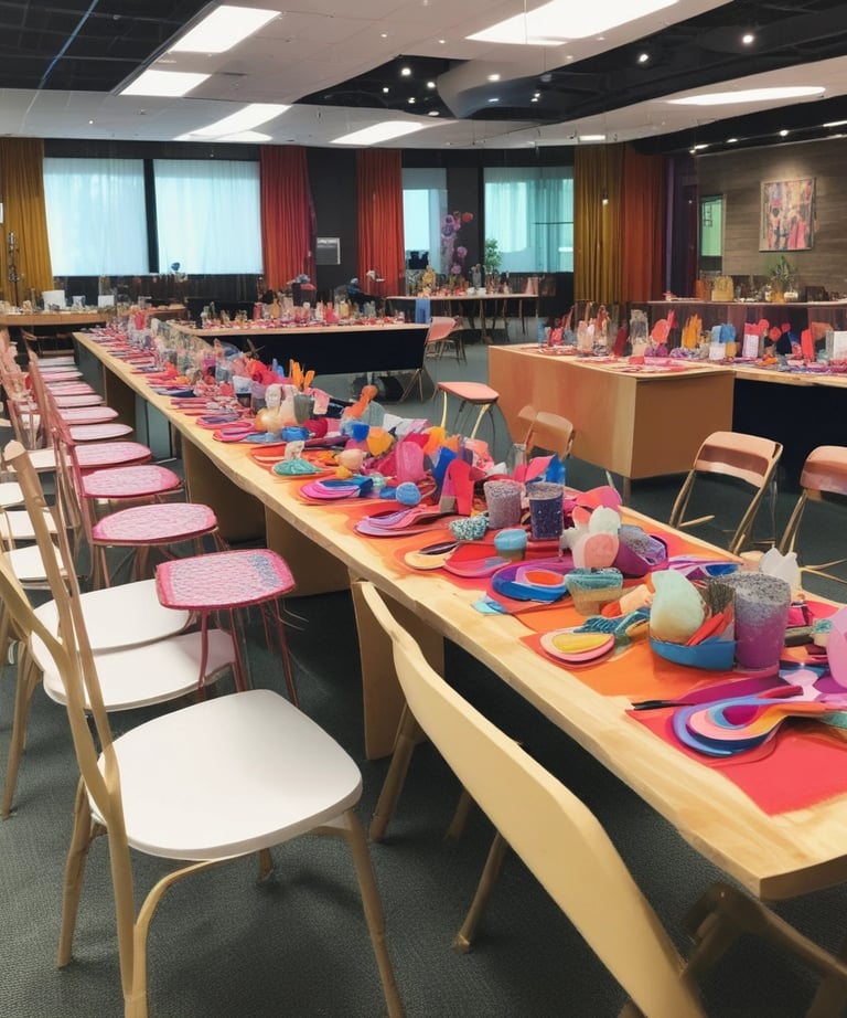 A vibrant glitter bar setup with colorful sparkles and happy guests applying glitter.