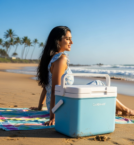 a woman sitting on a beach with a cooler