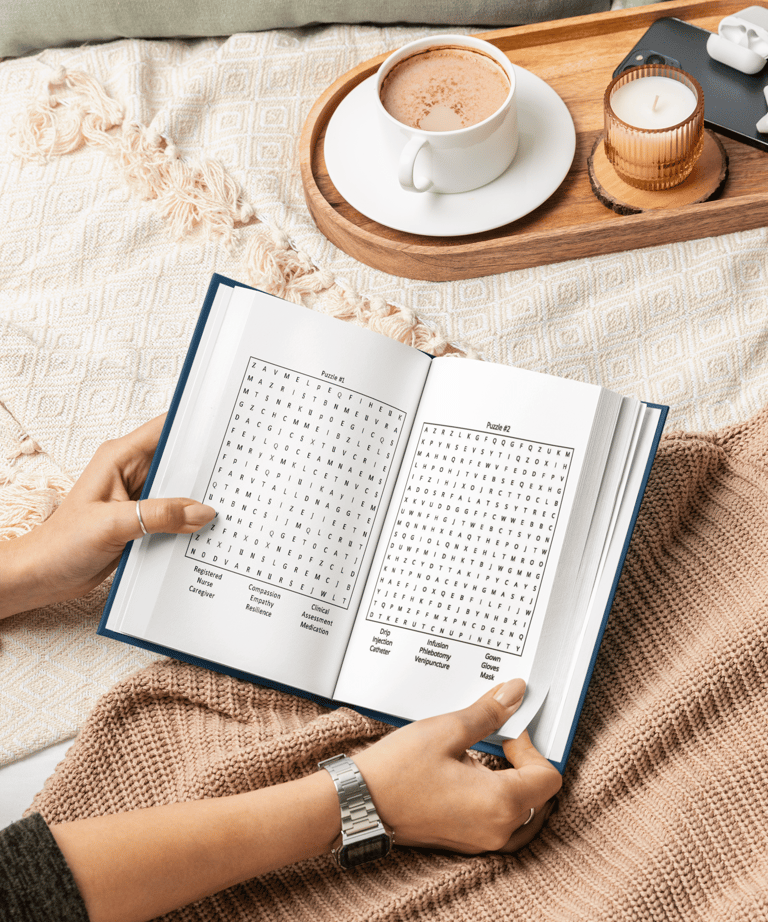 puzzle book Nurse Word Search book interior by Debas Direct with coffee and puzzle pages