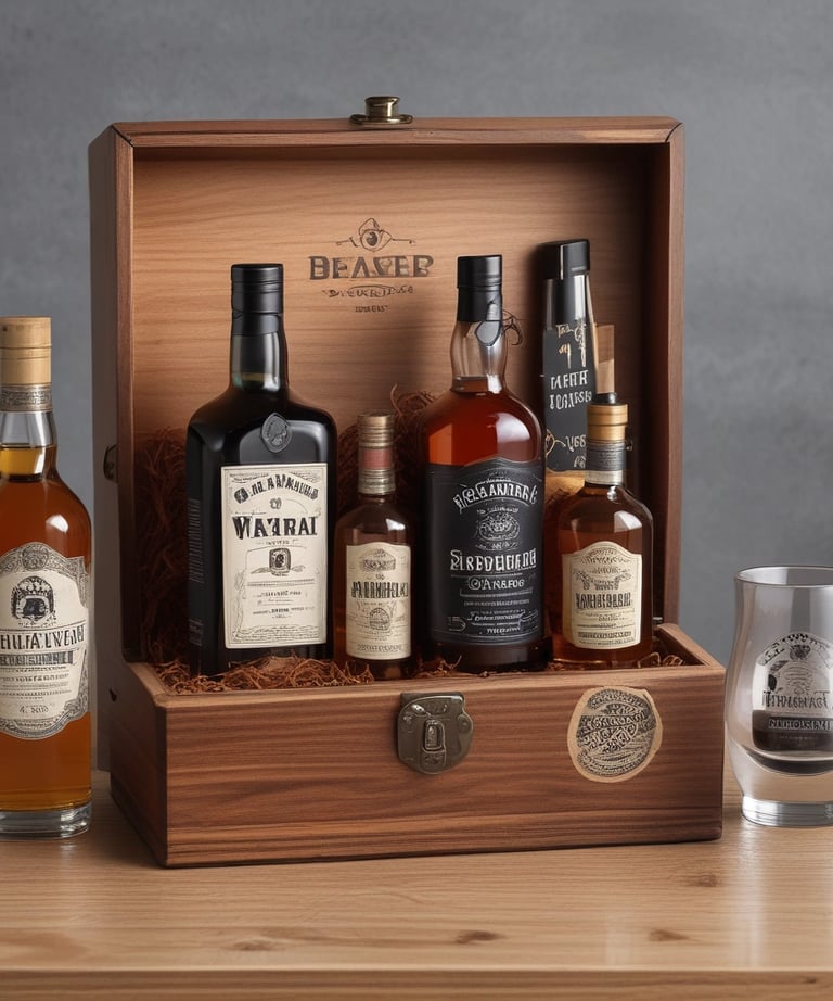A collection of thoughtful gifts for men displayed on a rustic wooden table.