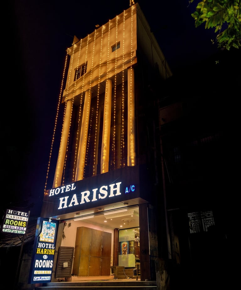Front view of Hotel Harish in Rameswaram near the temple