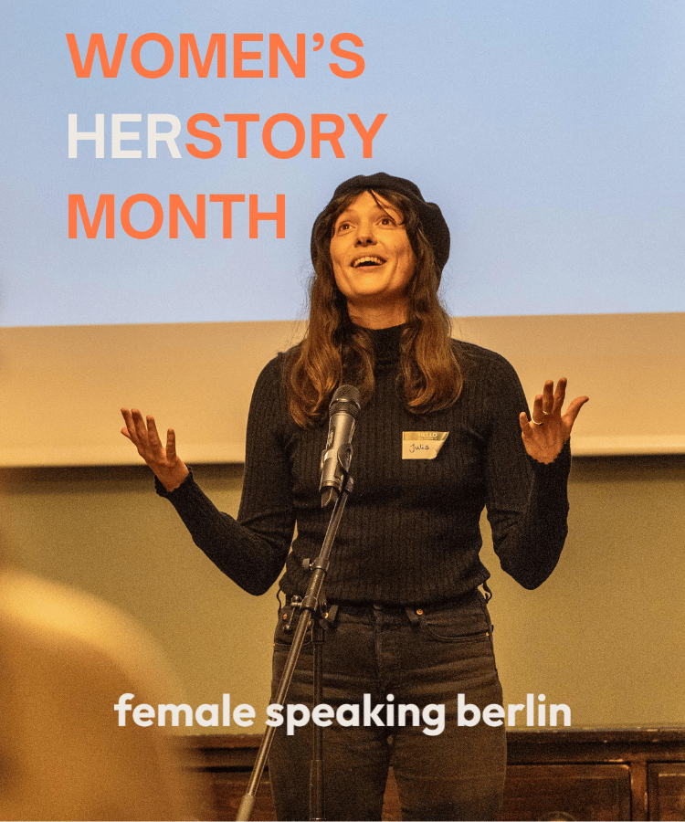 Young woman, speaking behind microphone, confident and engaging.