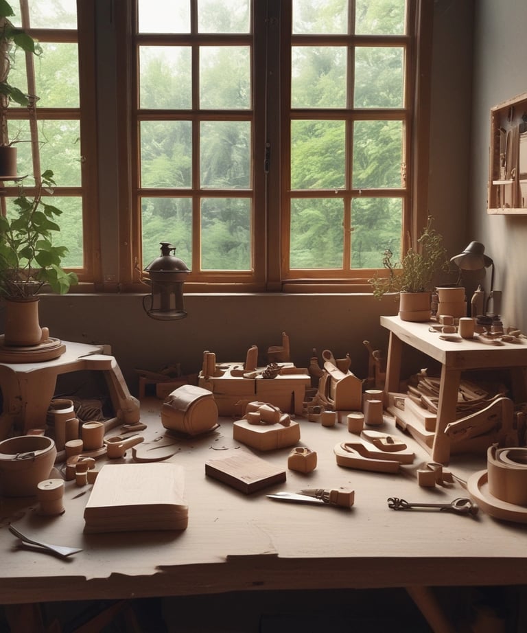 A cozy workspace filled with laser-cut wooden pieces and tools.