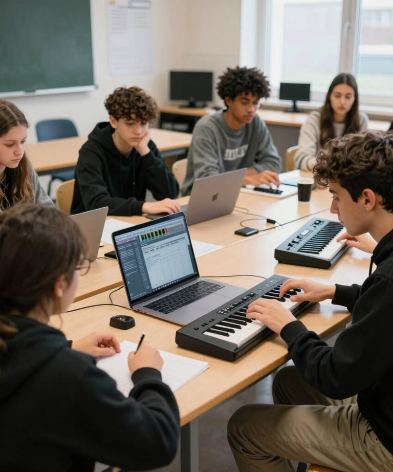 An artist guiding children in a colorful mural painting session in a school setting.