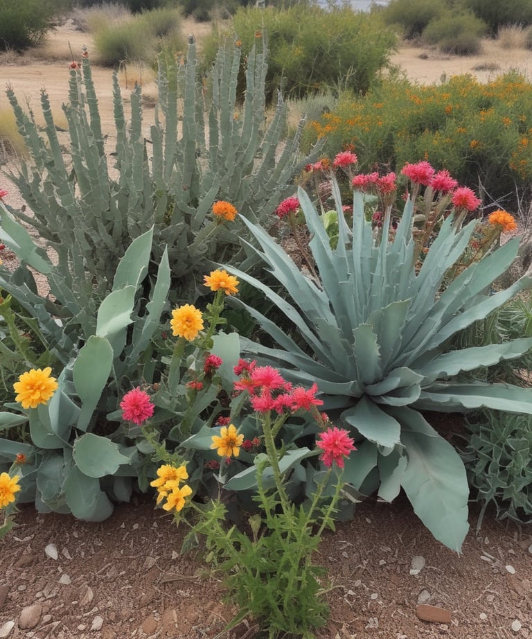 jardin con plantas polinizadoras, cactus y agaves nativos