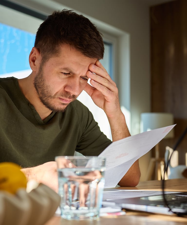 Stressed tradie reviewing business documents and bills at home with a laptop.
