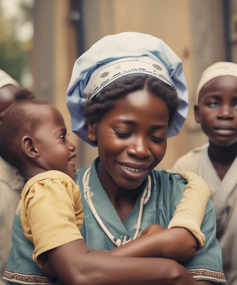 A caregiver gently comforting a child in a cozy, colorful bedroom filled with toys and books.