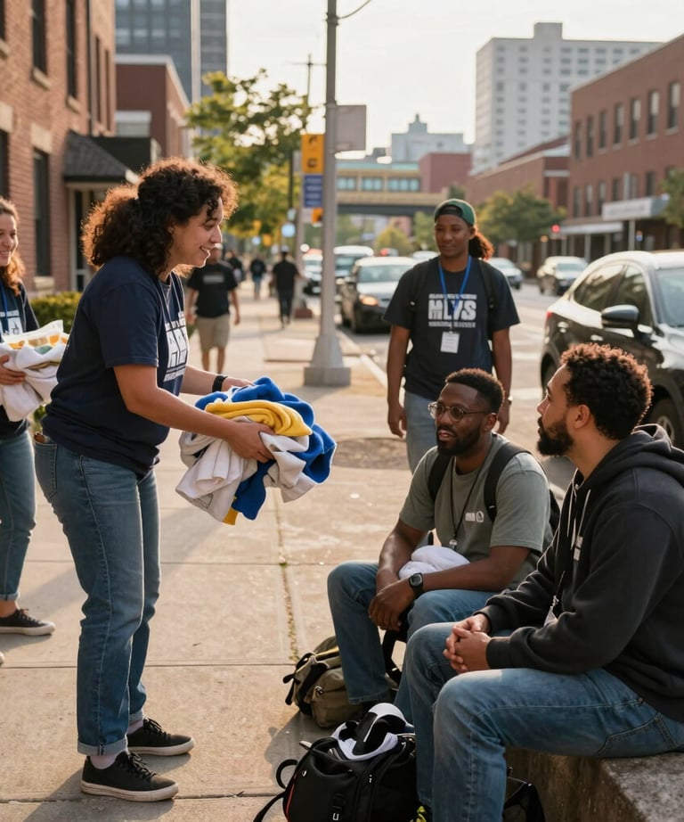 Community volunteers handing out folded clothing donations to people on a city sidewalk.