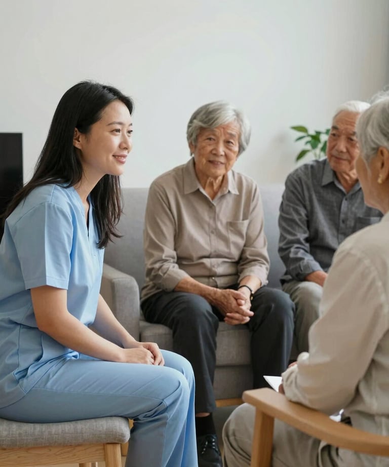 Caregiver gently assisting an elderly resident with a smile in a bright kitchen.