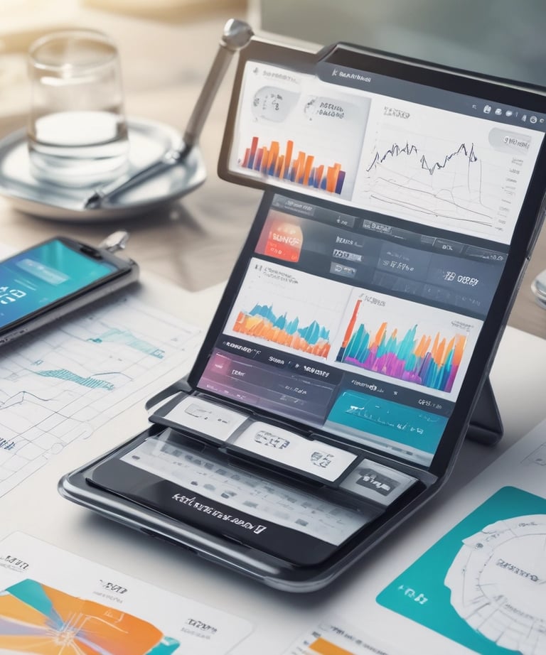Close-up of hands typing on a sleek laptop with financial charts on screen.