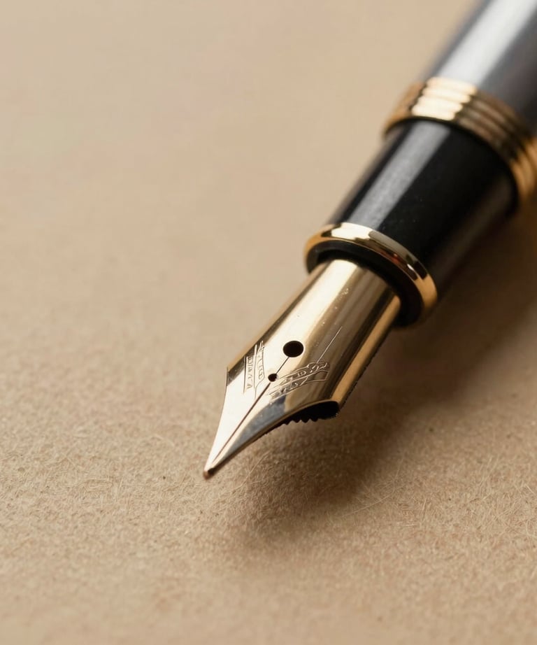 Close-up of a high-quality fountain pen tip on thick, textured paper. Warm sand tones. Detail-oriented photography.