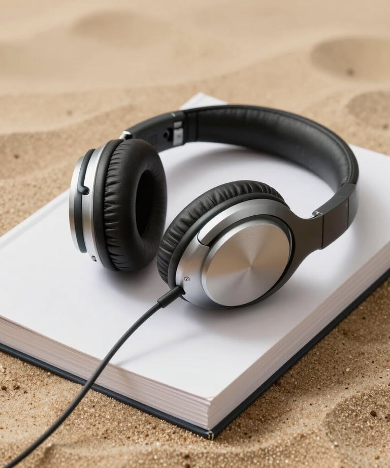 A pair of high-quality headphones resting on a stack of journals. Paper white and warm sand palette. Quiet, focused energy.