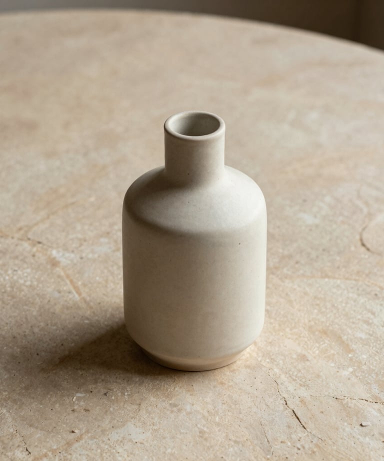 A minimalist ceramic vase on a warm sand colored stone table. No plants or flowers. Geometric and serene.