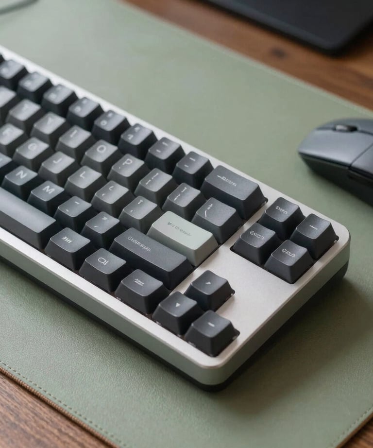 Close-up of a high-end mechanical keyboard and a minimalist mouse on a sage green desk pad. Professional and modern. No people.