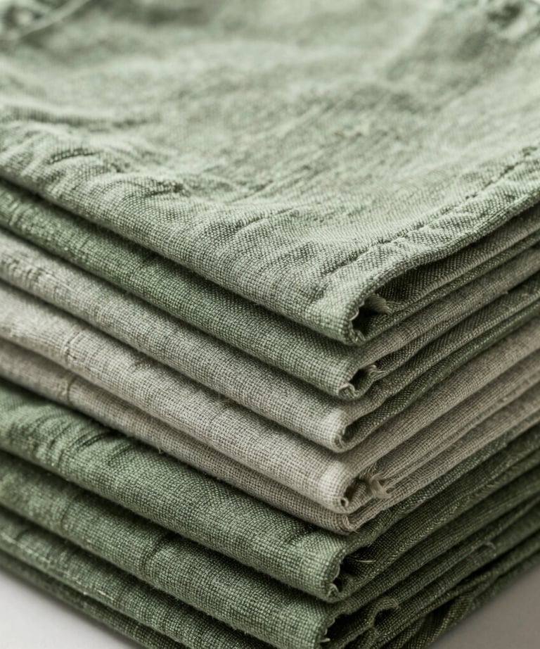 Close-up of a stack of linen napkins in various shades of sage and forest green. Natural textures, professional lighting.