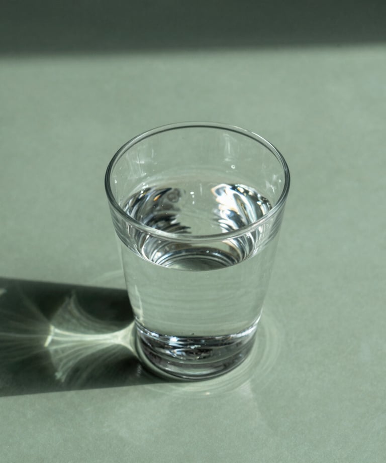 Abstract shot of a glass of water on a sage green surface, with sunlight creating ripples and shadows. Calm and refreshing. No people.