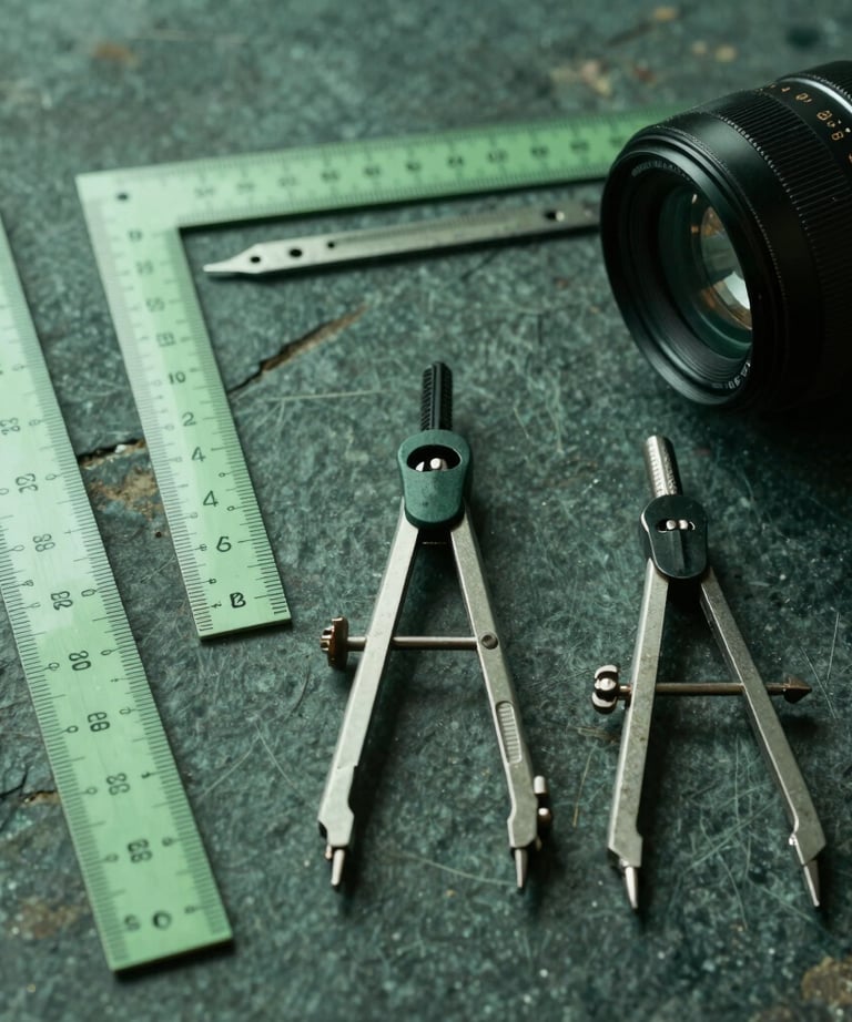 A collection of architectural drawing tools—rulers, compasses—arranged neatly on a dark stone surface. Forest green tones.