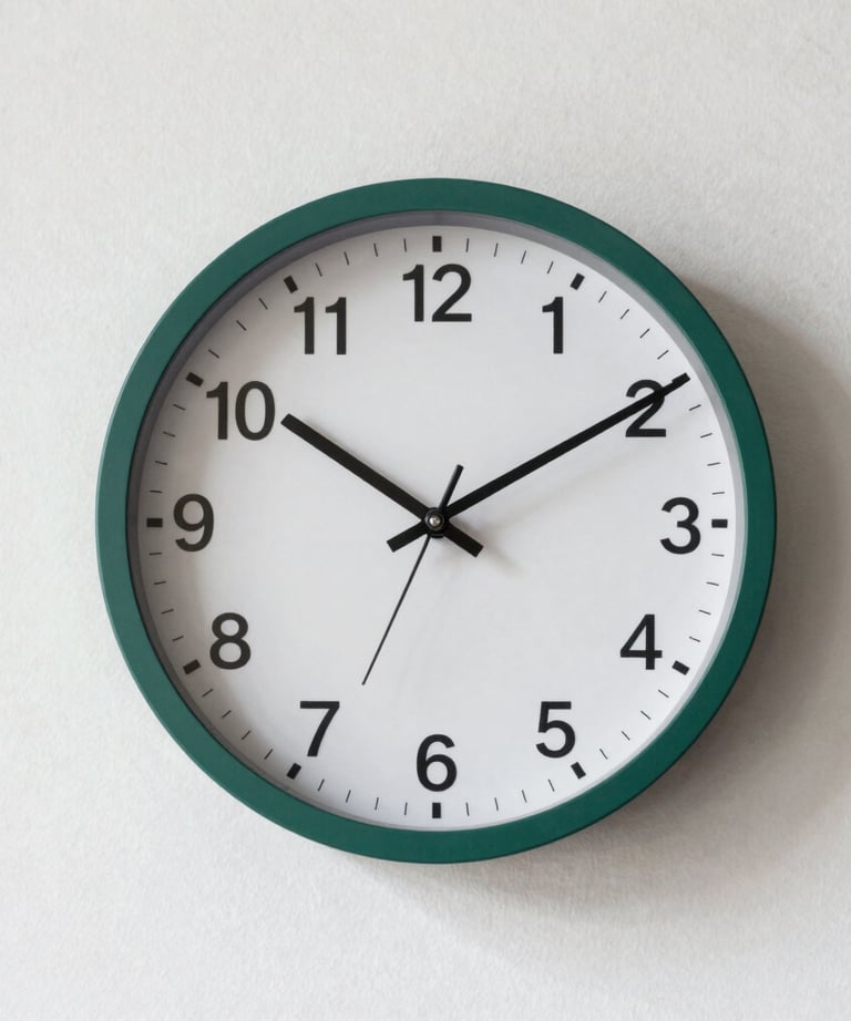 A minimalist wall clock on a plain paper white wall. The hands are at a precise angle. Focus on time and clarity. Forest green accent.