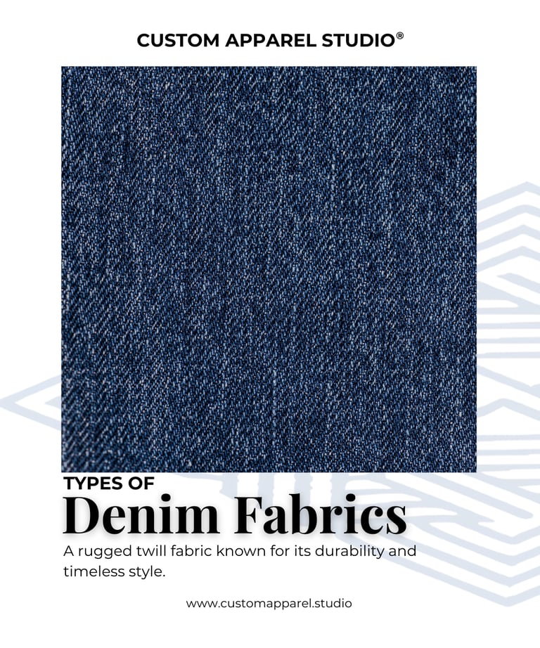 denim twill close-up with text describing its durability and style.