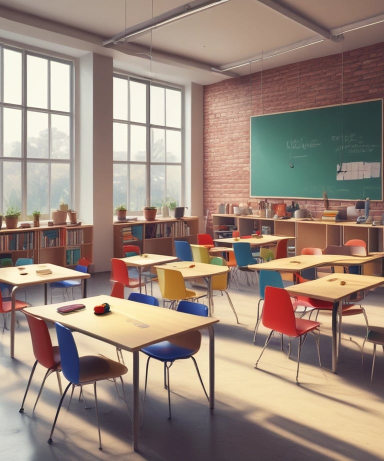 A cozy classroom setting with engaged students and a friendly teacher.