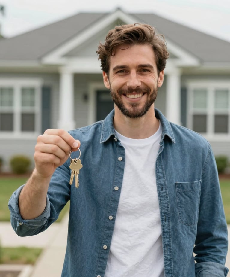A mortgage broker warmly shaking hands with a first-time homebuyer outside a new house.