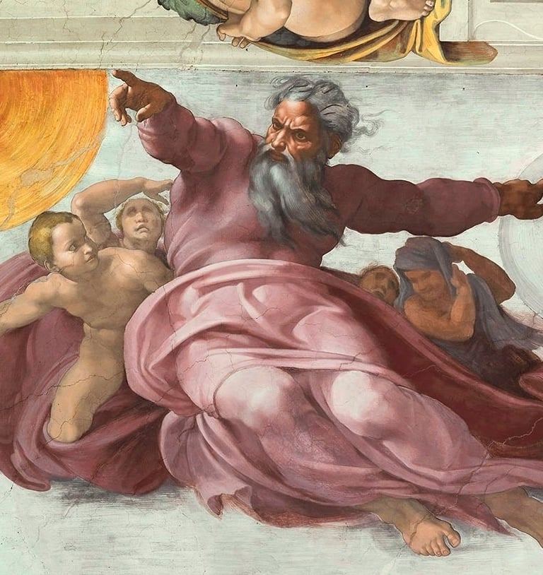 Fresco renacentista visto desde abajo que representa a la figura de Dios envuelta en una túnica rosada.