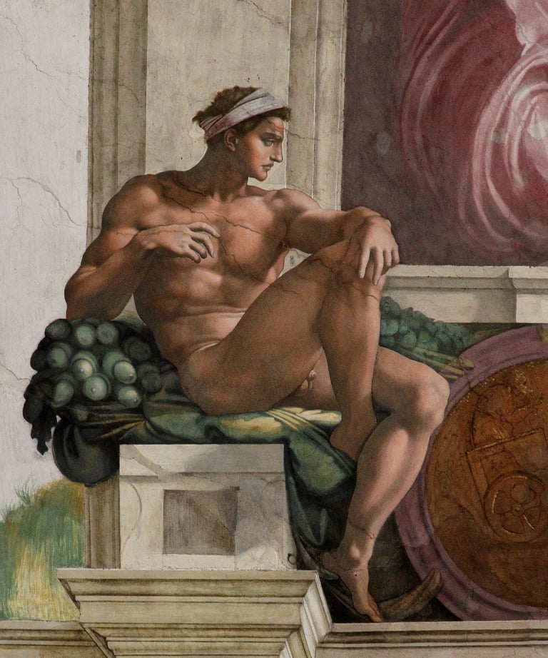 Joven atlético pintado al fresco sentado sobre un pedestal arquitectónico junto a unos medallones.