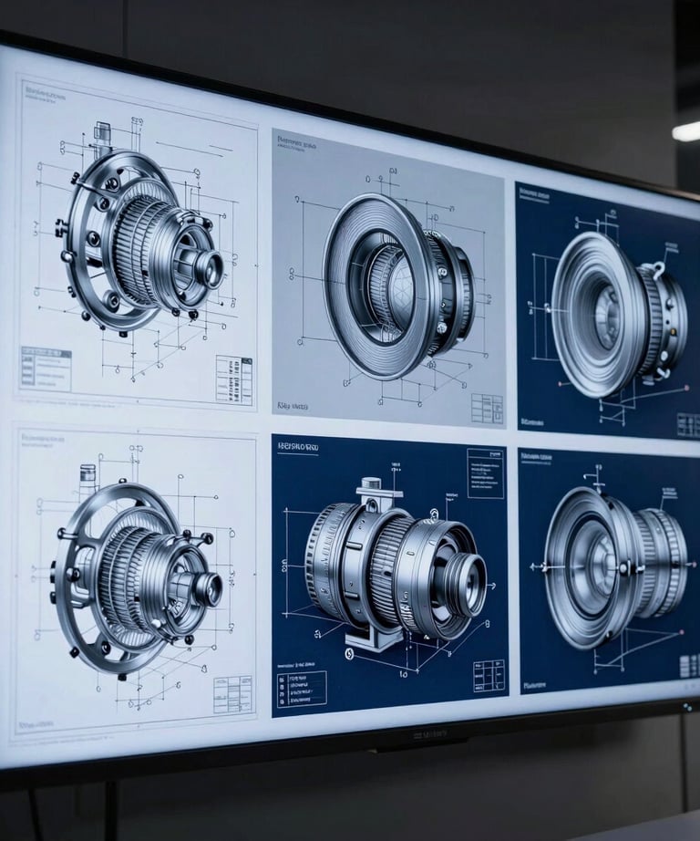 Engineering blueprints and 3D models displayed on a large screen in a dimly lit, professional studio. Silver-blue and deep navy blue tones. General / Spanish-speaking.
