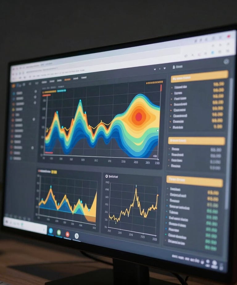 A sleek digital screen displaying advanced financial data analytics and heat maps in a dark room. The interface is clean and modern, with slate gray and gold highlights. Sophisticated technology photography.