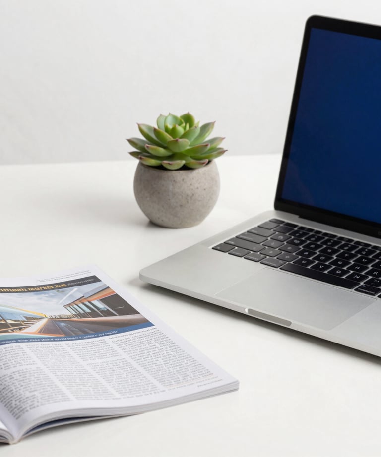 A minimalist workplace with a high-end laptop, financial magazines, and a succulent. Oxford blue and gold color accents. Professional photography.