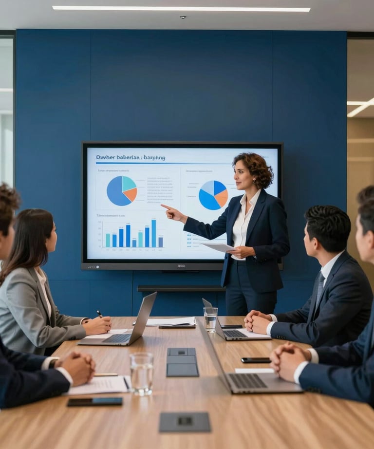 An elegant business meeting in a high-rise office. A professional person is presenting a data chart on a screen. Oxford Blue and gold interior. North American / Hispanic professionals.