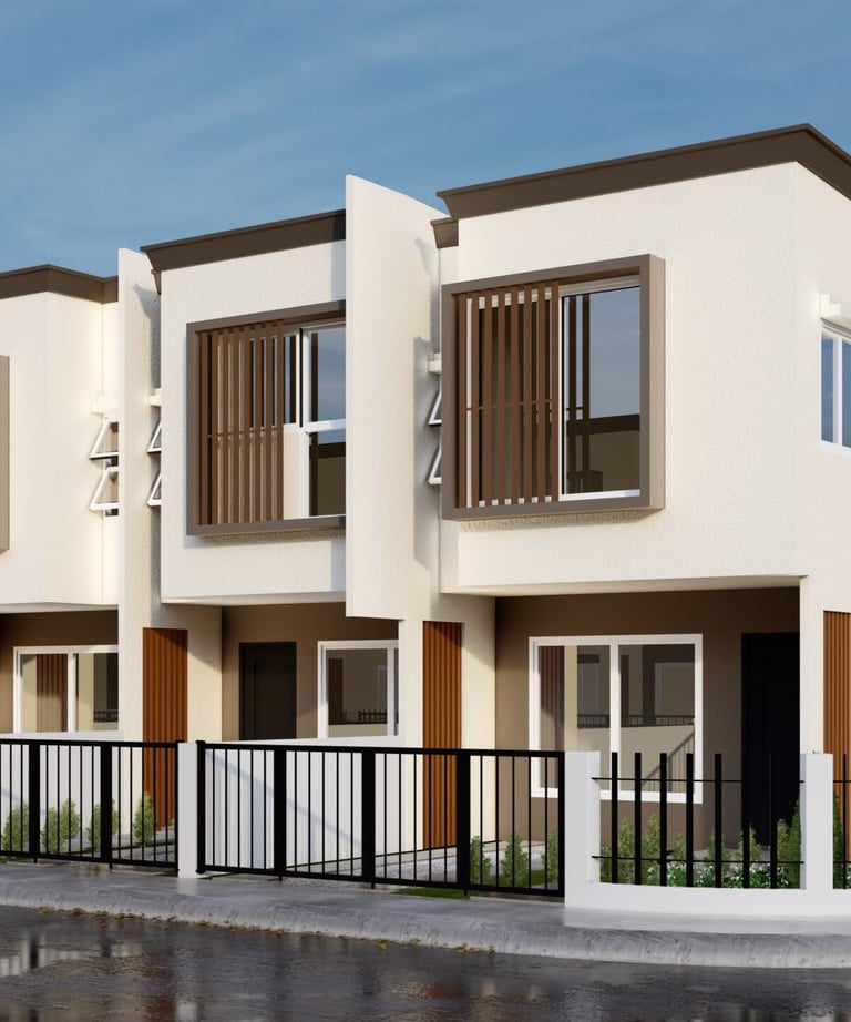 Modern two-story white townhouse units with brown accents and black metal fencing.