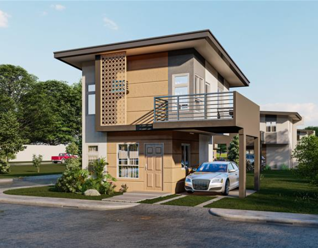 Modern two-story house design with a balcony, flat roof, and attached carport featuring a silver car.